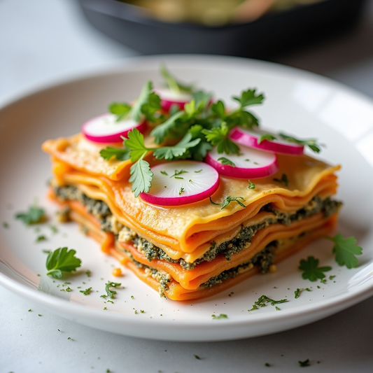Frühlings-Lasagne mit Radieschen, Bundmöhren & Radieschenpesto