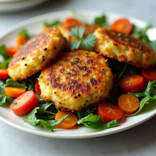 Gemüsepuffer mit Pastinaken und Möhren an einem leckeren Pflücksalat